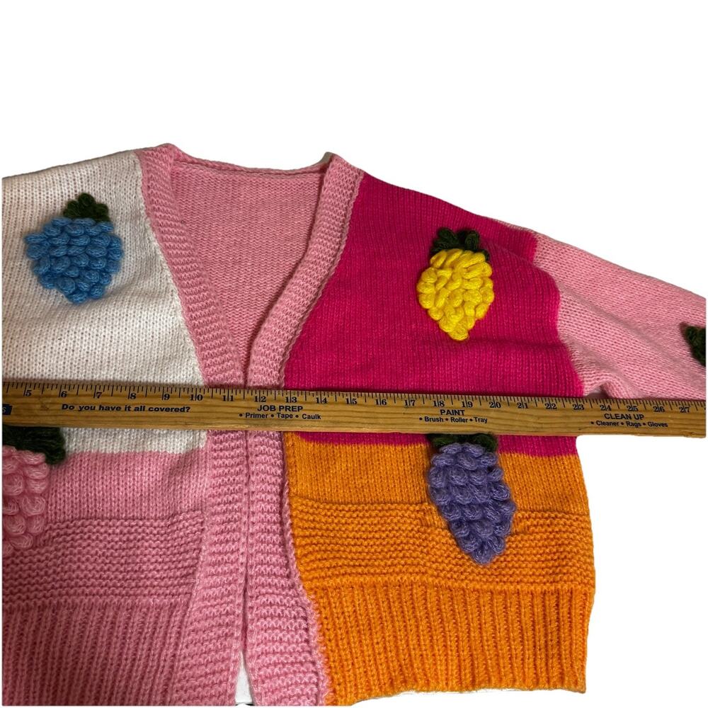 Women Open Knit Sweater Cardigan Medium Pink Orange Colorblock Fruit Crochet - Picture 9 of 9